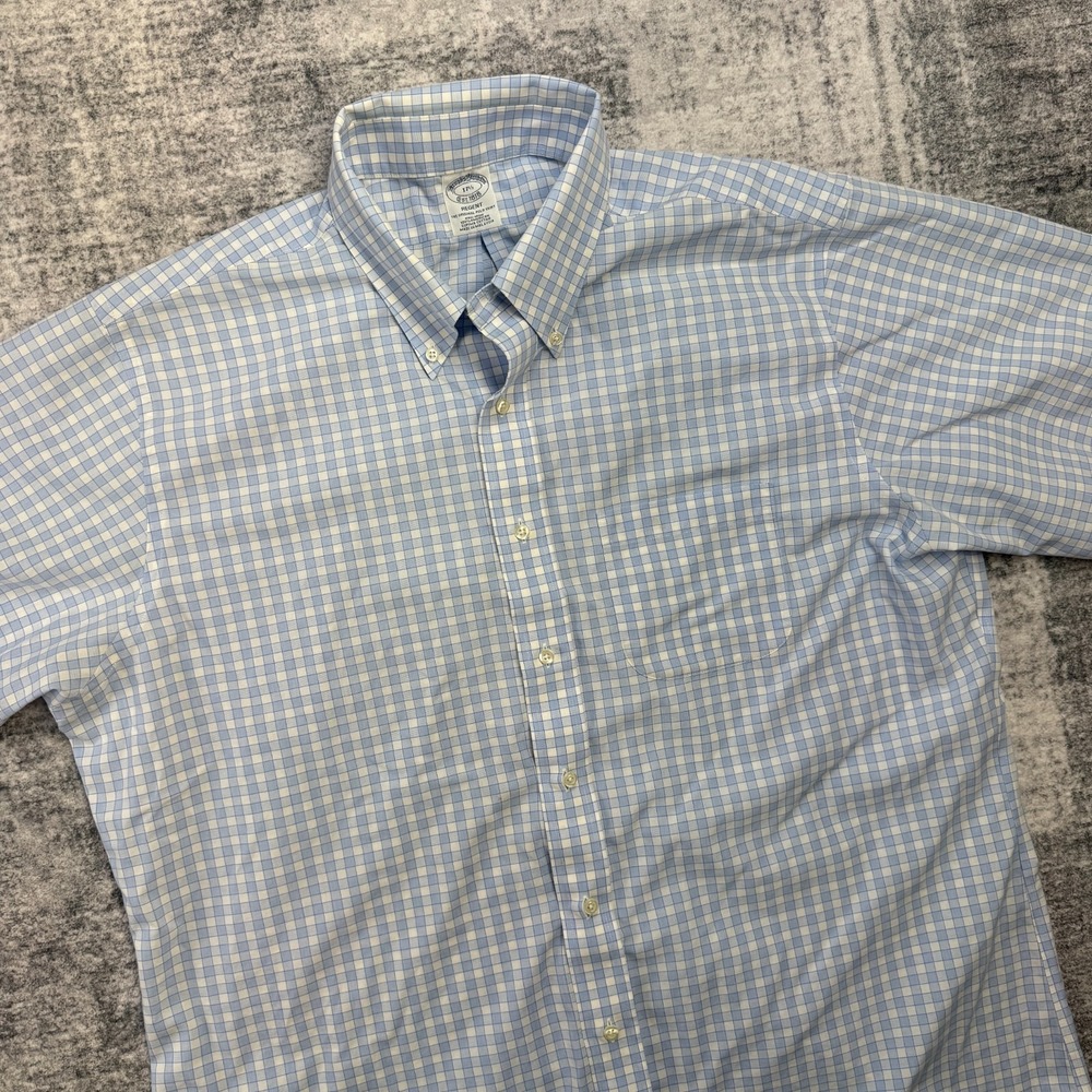 Brooks Brothers Shirt Mens 17.5 Blue White Checkered Regent Supima Cotton Preppy